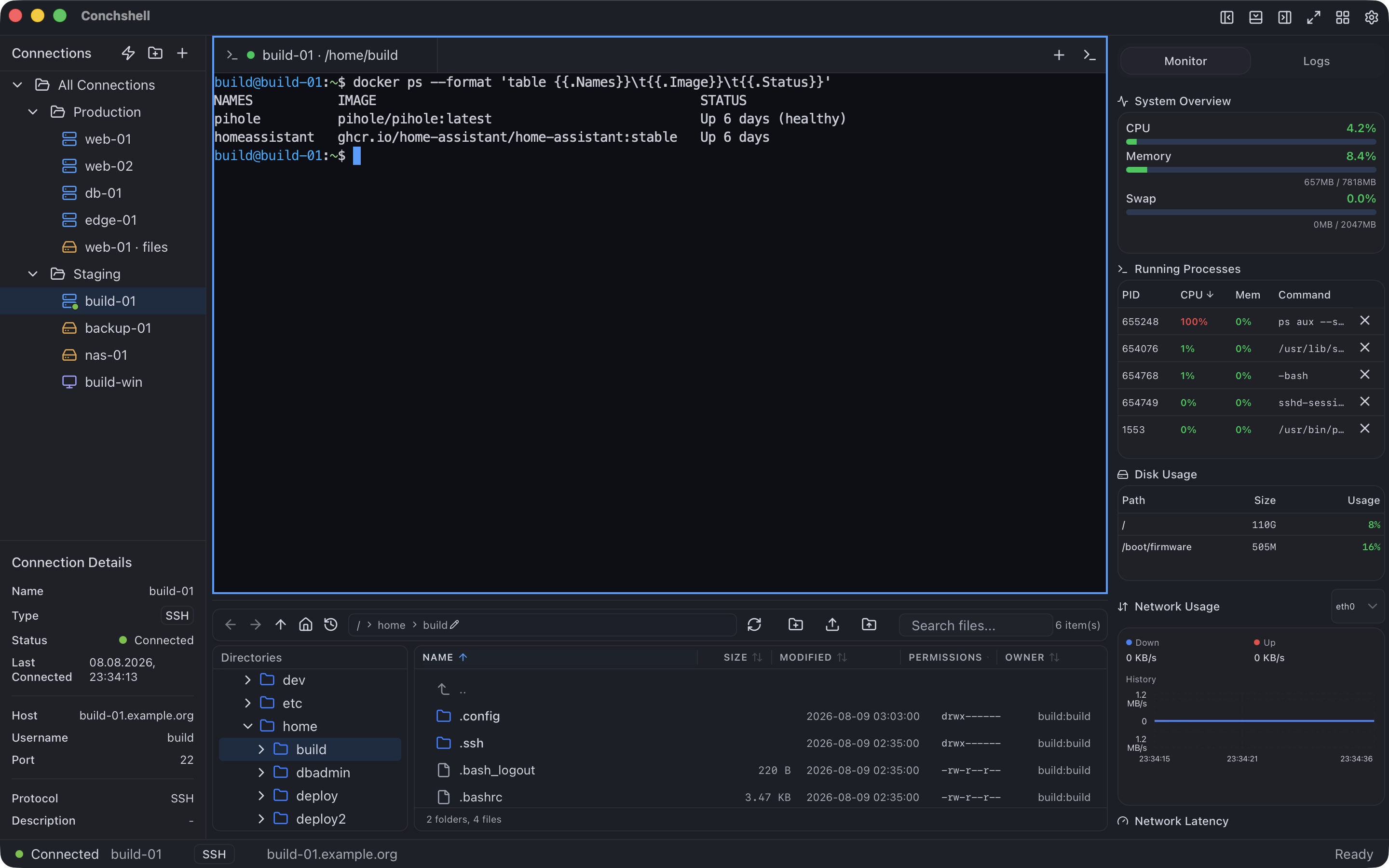 The output of docker ps in a shell on a second host, its file tree and monitor panel around it